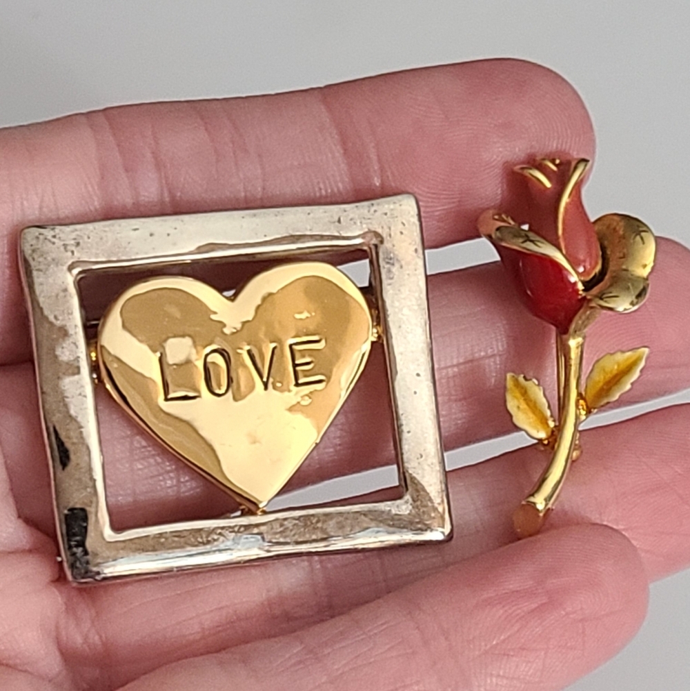 Vintage Love Rose Enamel Signed Craft Brooches Brooch Valentines Day Estate